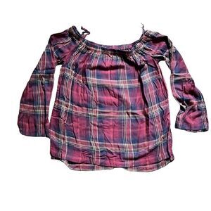 Cloth and Stone Blouse Top Women's Small Multicolor Plaid Boat Neck Casual Wear